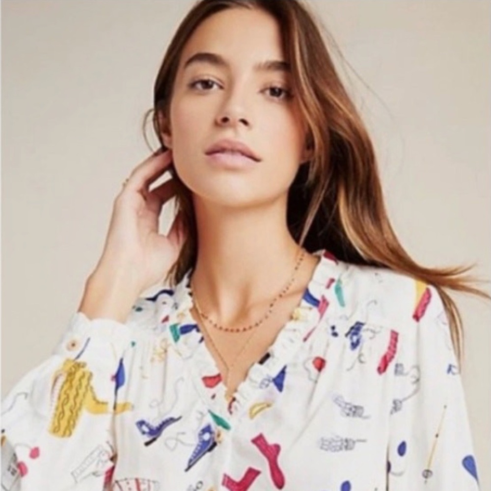 Anthropologie Maeve Marisol Ruffled Blouse "Snow Day" US 8